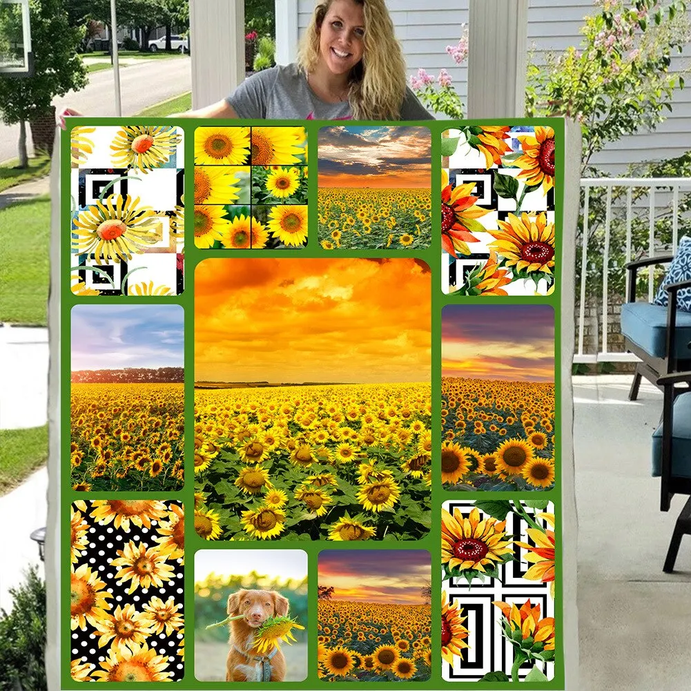 

Лоскутное одеяло с подсолнухами и забавными персонажами, одеяло с 3D рисунком шерпы на кровати, домашний текстиль, сказочный стиль 03