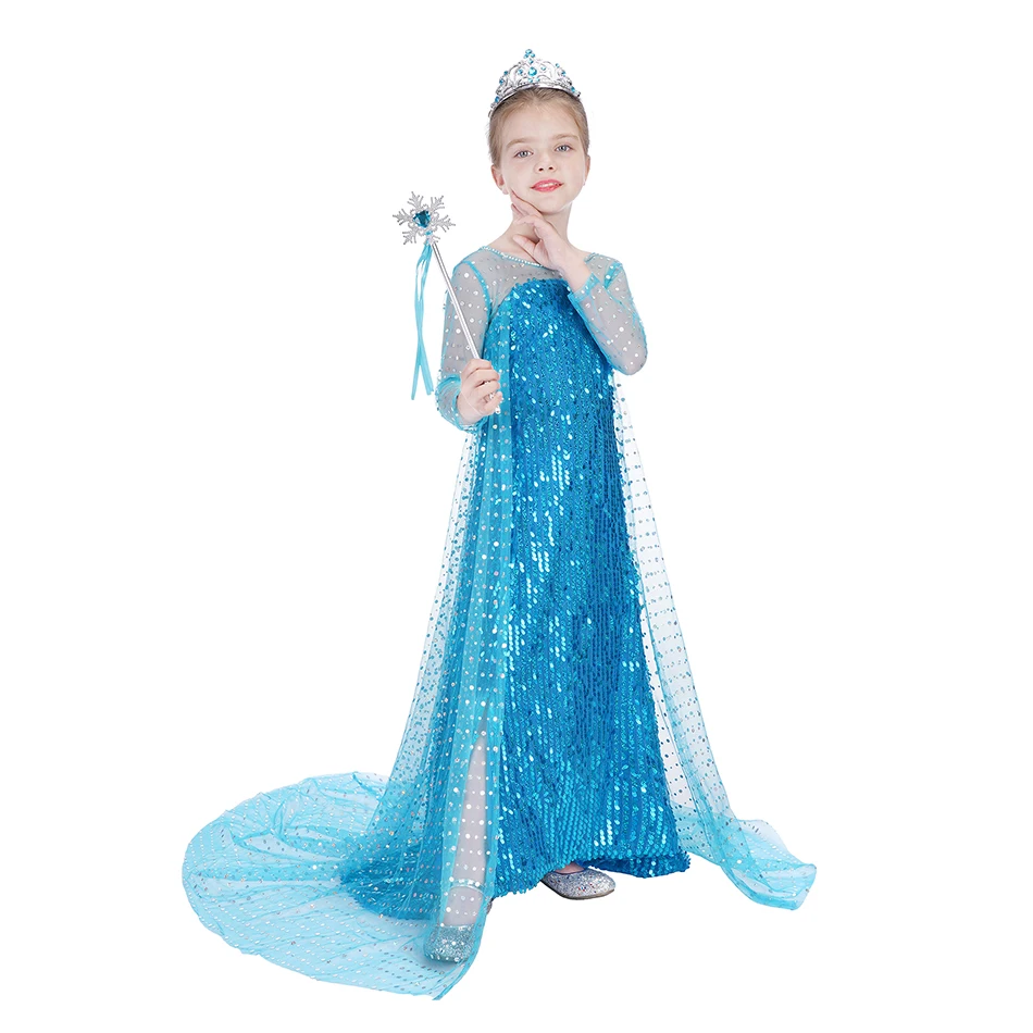 

Halloween Frozen Elsa Dress Girls Costume Fancy Party Princess Dresses Elegant Long Sleeve Mesh Prom Dress Girl Clothes