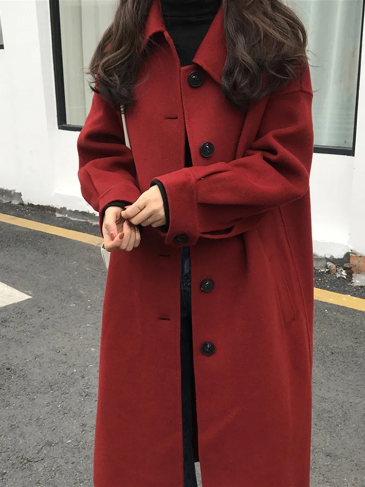 

New Woolen Dress Female Long 2021 Autumn And Winter Korean Version Of The Loose Lantern Sleeve Red Woolen