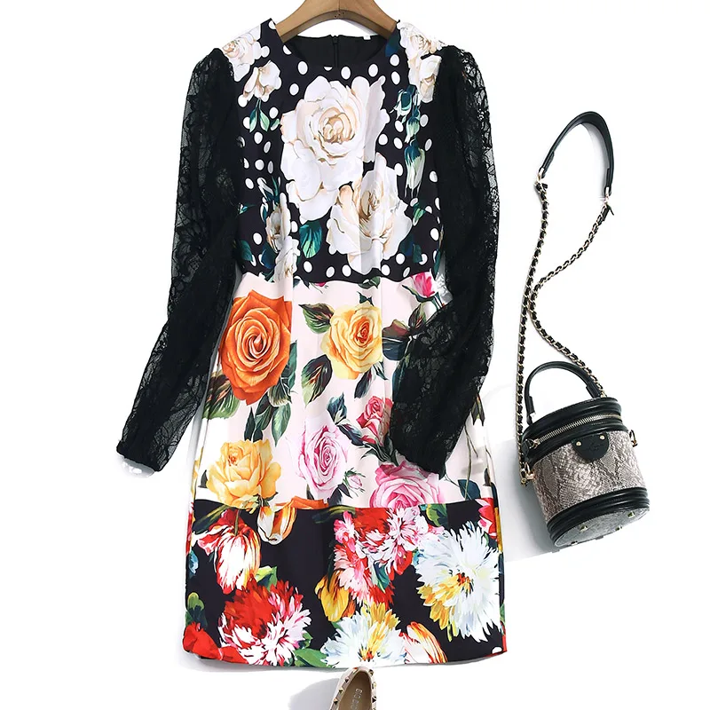 

2021 new spring dress blending fashion printing wave spell lace long sleeve accept waist socialite long dress