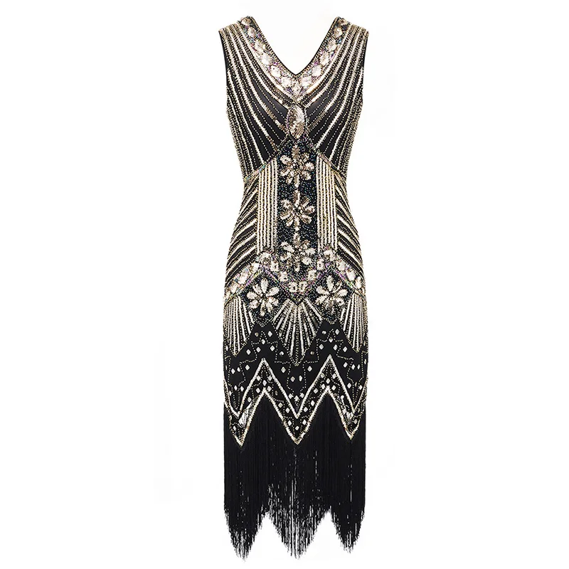 Gold Dress Винтажное женское платье 1920s Gastby со сплошным расшитым блестками Сетчатое платье в стиле модерн украшенное бахромой платье размера плюс черный/зеленый/белый/золотой - Цвет: Gold Dress