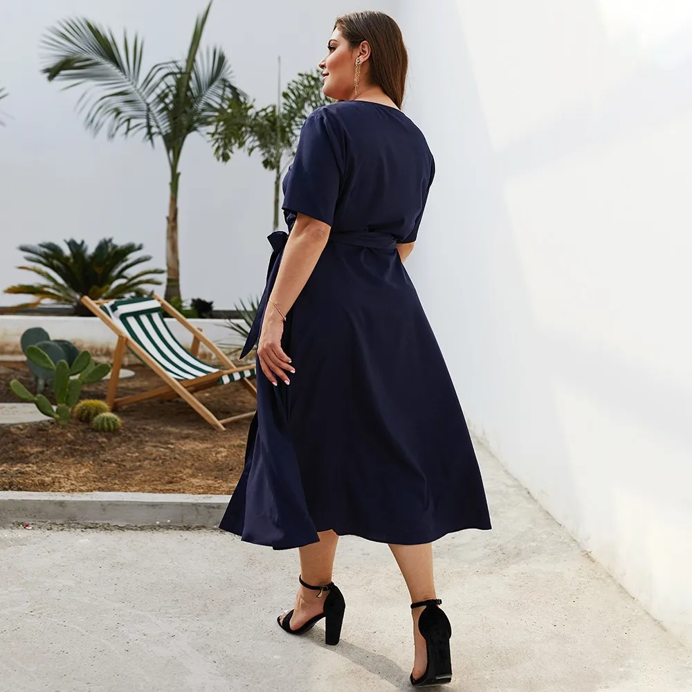 

TREMU Navy Blue Maxi Dress for Women Plus Size Summer Casual Button Tunic Dresses Formal Evening Robes