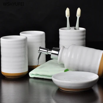 Pure white Bathroom Accessories Set European Wash Set soap dispenser Toothbrush Holder Bamboo tray Bathroom Kit Wedding Gift
