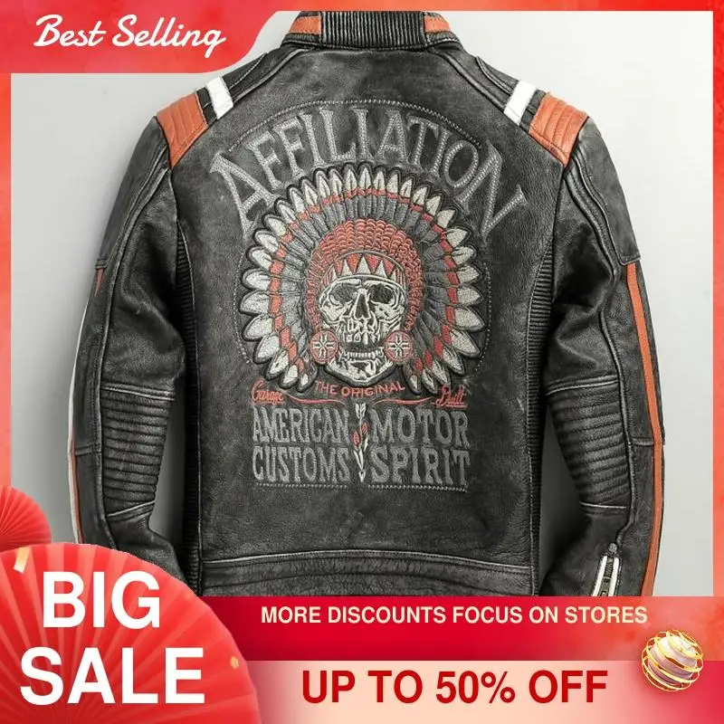 

2021 Vintage Black American Motorcycle Style Genuine Leather Jacket Men Large Size 5XL Real Natural Cowhide Autumn Skulls Coat