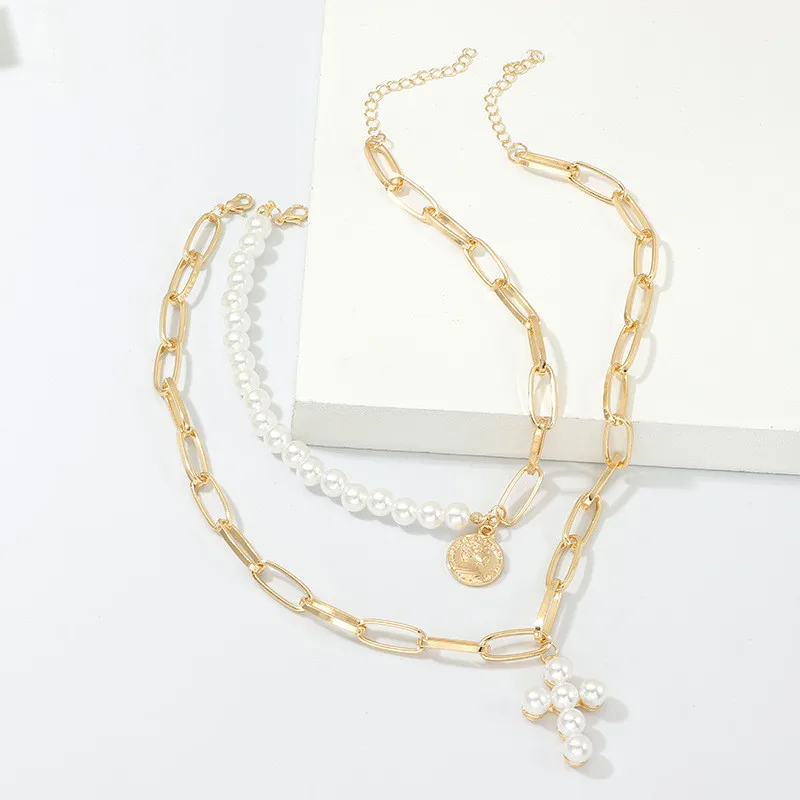 

Cross Pendant Necklaces for Women Imitation Pearls Choker Necklace Female Luxury Design Gold Color Coin Fashion Jewelry Gifts