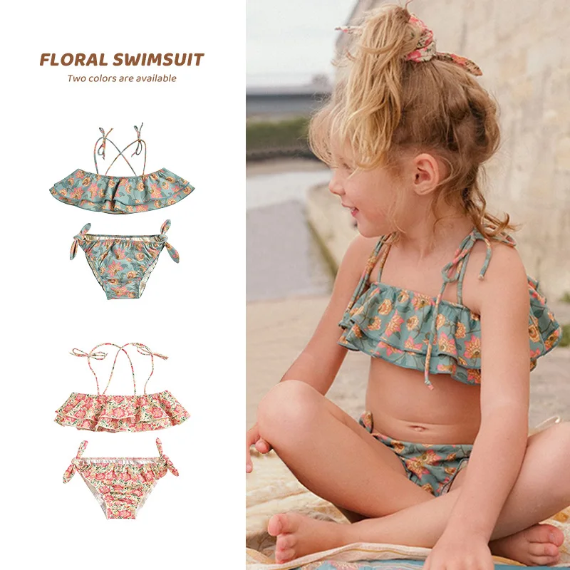 

Children's Swimsuit 2021 Girl European And American Wind Lovely Flower Suspenders Separate Swimsuit Ins Children's Wear