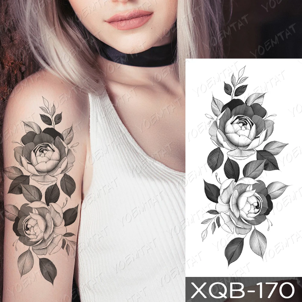 

Waterproof Temporary Tattoo Sticker Transferable Rose Peony Shoulder Small Tatu Realistic Body Art Man Woman Black Glitter Tato