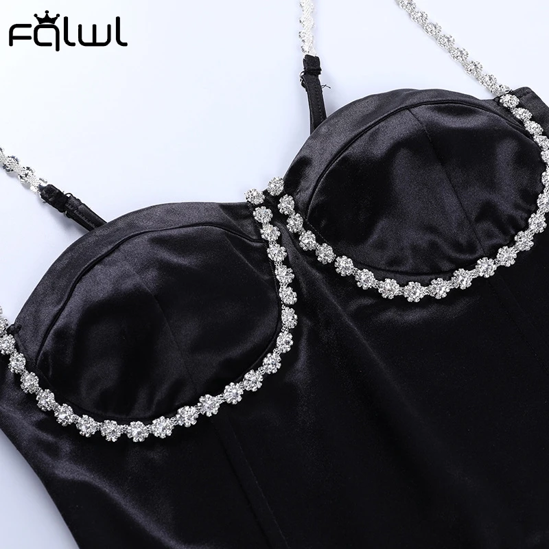 

FQLWL Sexy Clubwear Cami Crop Top Women Bodycon Diamond Glitter Spaghetti Strap Tank Top Female Corset Top Ladies Black T Shirts