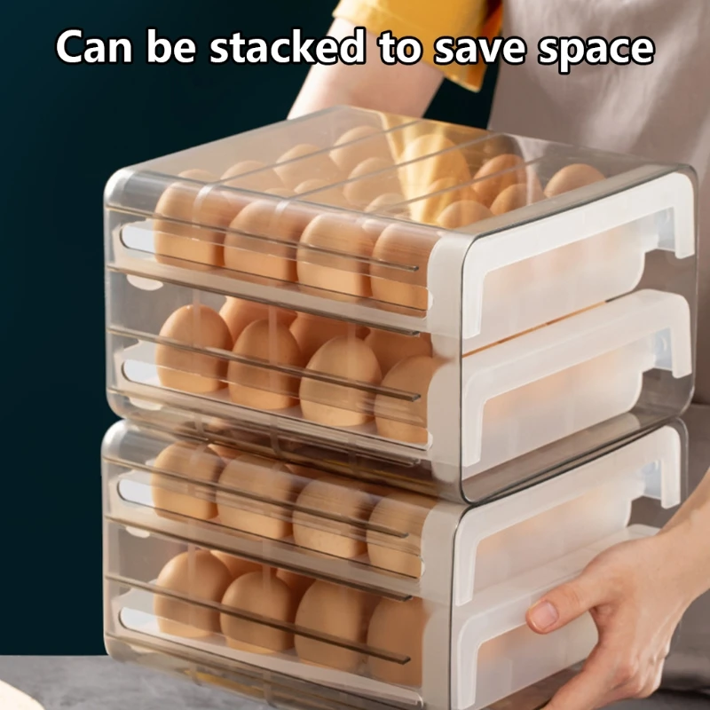 

Large Capacity Egg Storage Box 32 Compartments Refrigerator Rack Drawer Type Double Layer Transparent Kitchen Organizer