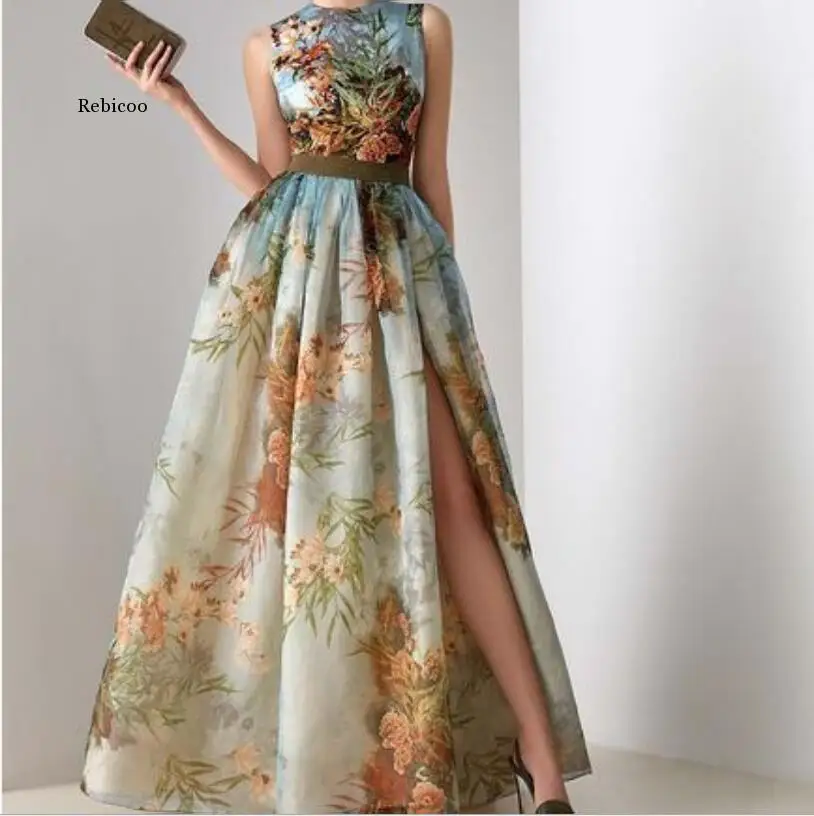 

Women Round Neck Beach Dress Vestidos Bohemian Floral Print Chiffon Long Dresses
