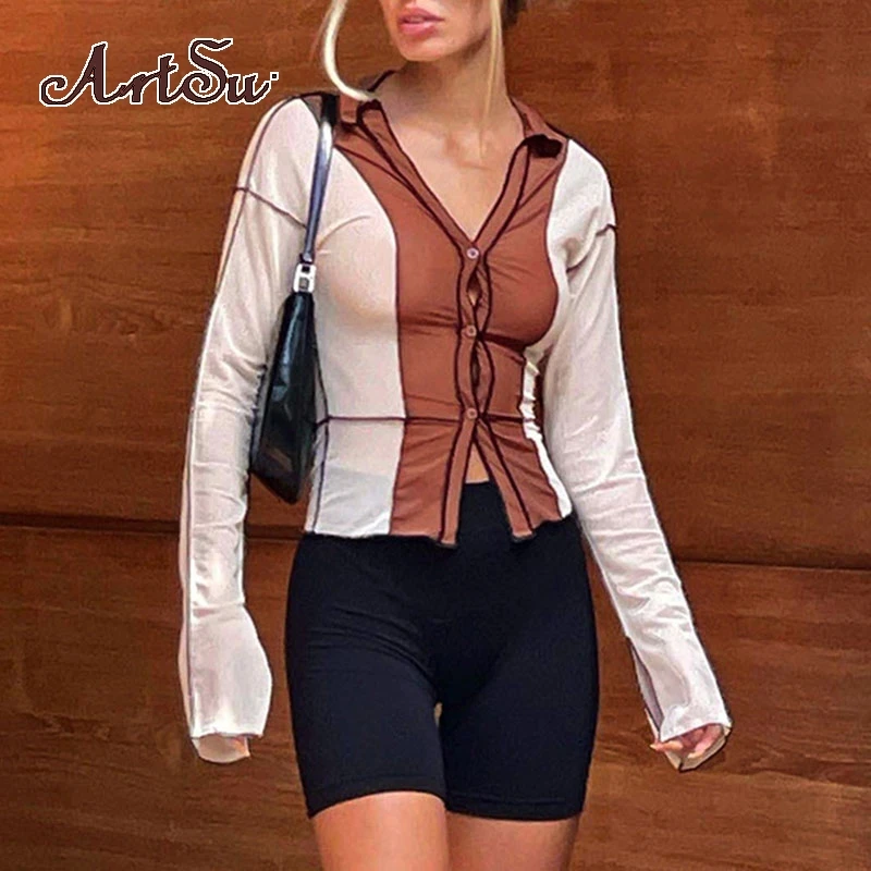 

Artsu Mesh Patchwork Women Long Sleeve Blouse Turn Down Collar Skinny Sexy Streetwear See Through 2021 Autumn Tops