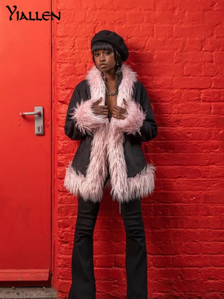 

Осеннее однотонное теплое пальто Yiallen, женское хипстерское уличное хипстерское пальто с меховым воротником и перьями, без подкладки, женска...