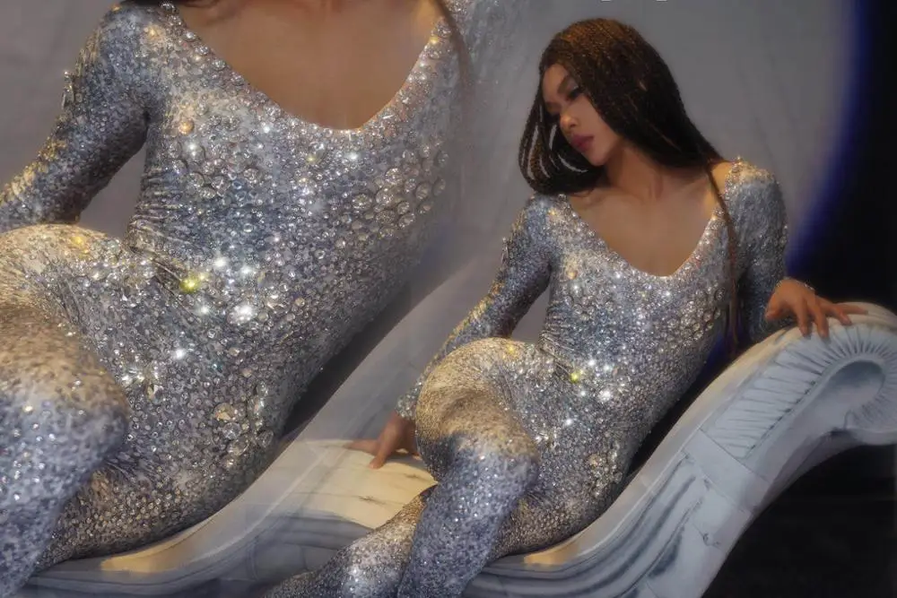 

New Arrival Silver Rhinestones Transparent Jumpsuit Women Dancer Show Outfit Leggings Prom Birthday Wear