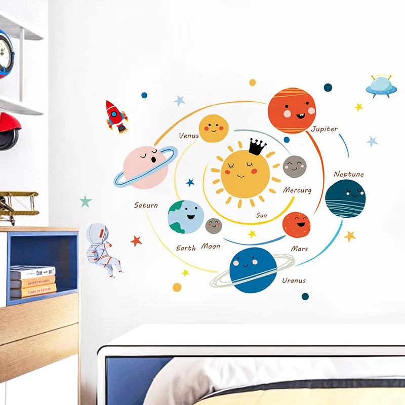 

Cartoon solar system planets wall sticker child kids room home decoration mural removable wallpaper bedroom nursery stickers