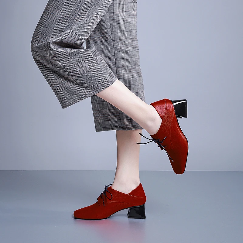 

ZVQ Brand Office Woman Pumps Red Green Natural Cow Leather High Heels women's Shoes Spring Autumn Square Toe lace-up Pumps
