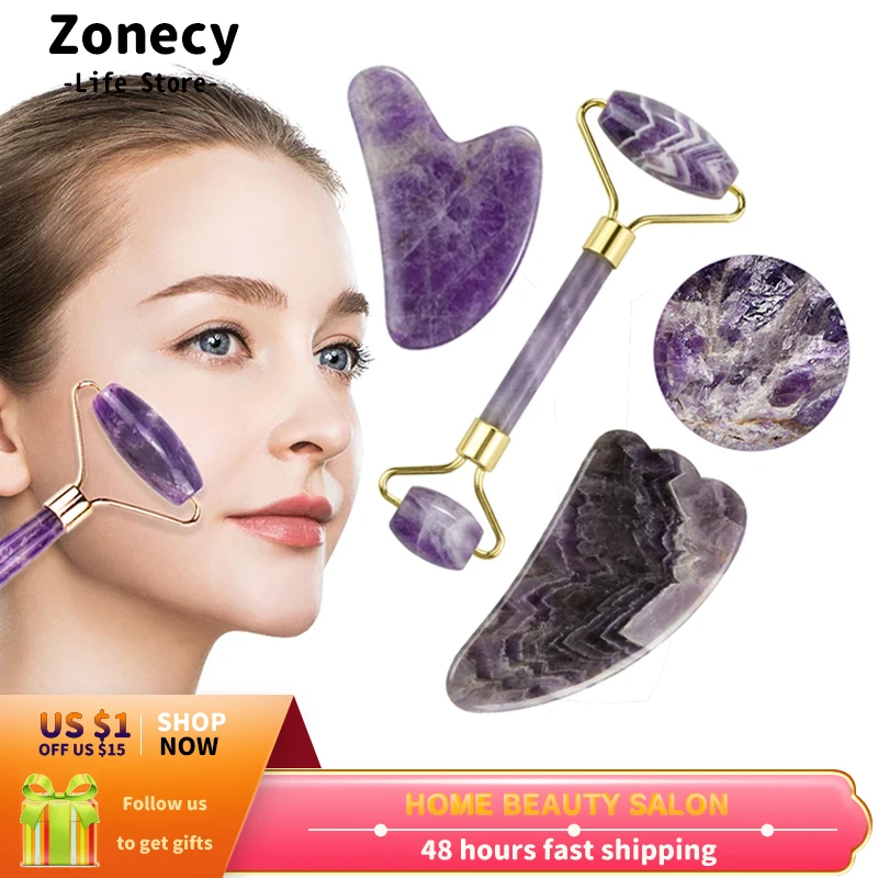 

Amethyst Jade Roller Massager For Face Natural Lift Gua Sha Board Scraper Guache Stone Slimming Thin Chin Neck Beauty Skin Care