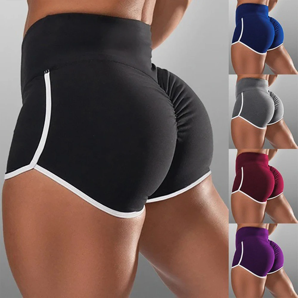 

Contrast Binding High Waist Ruched Women Shorts Hip Lift Yoga Running Shorts Sexy Solid High Waist Skinny Female Short Leggings