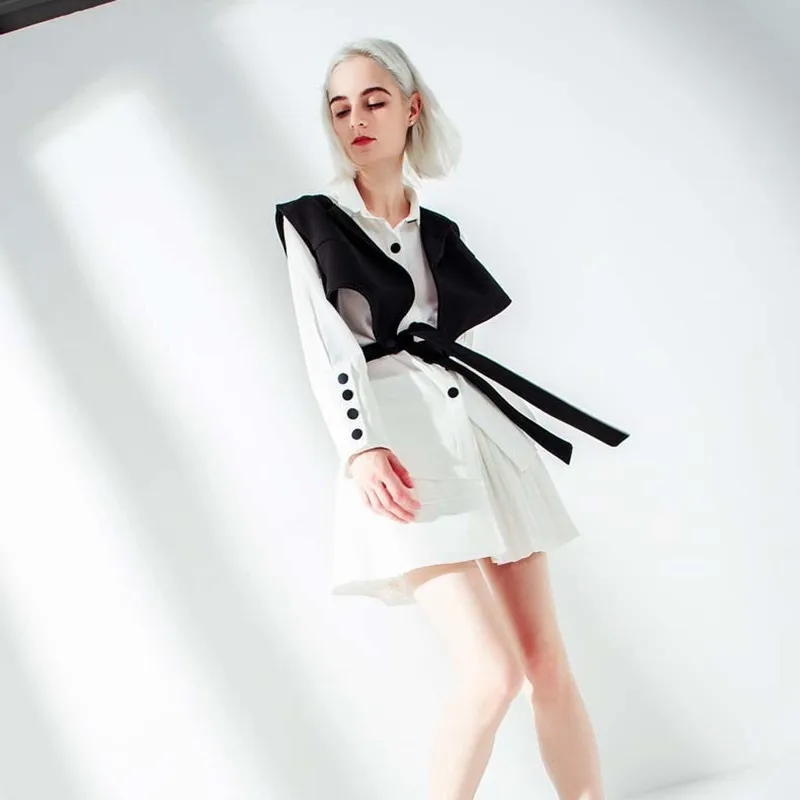 [EAM] 2021 Новинка весна осень отворот длинный рукав черный жилет стежка лента Свободная рубашка из двух частей