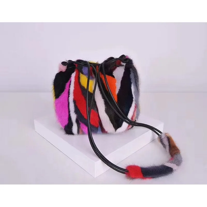 

2020Fxfurs fashion Women Luxury Genuine Mink Fur Handbag Patchwork Colors Multicolor Real Fur Bags Lady Super Fashion Mink Bags