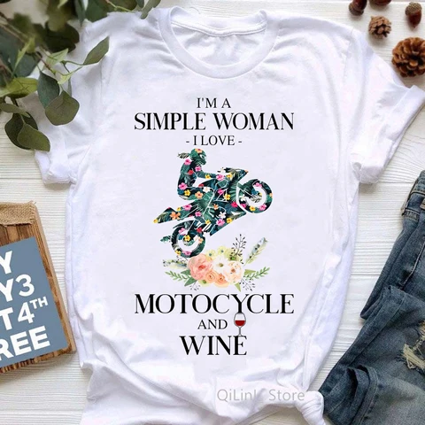 Футболка женская с надписью «Я просто люблю мотоцикл и вино»