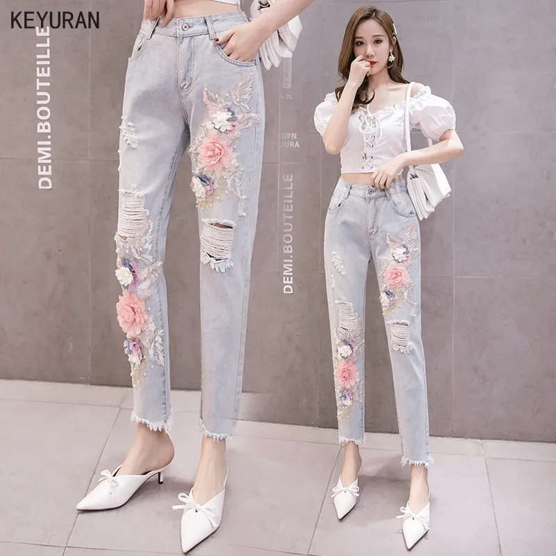 Корейские хлопковые джинсы с дырками женские джинсовые брюки завышенной талией