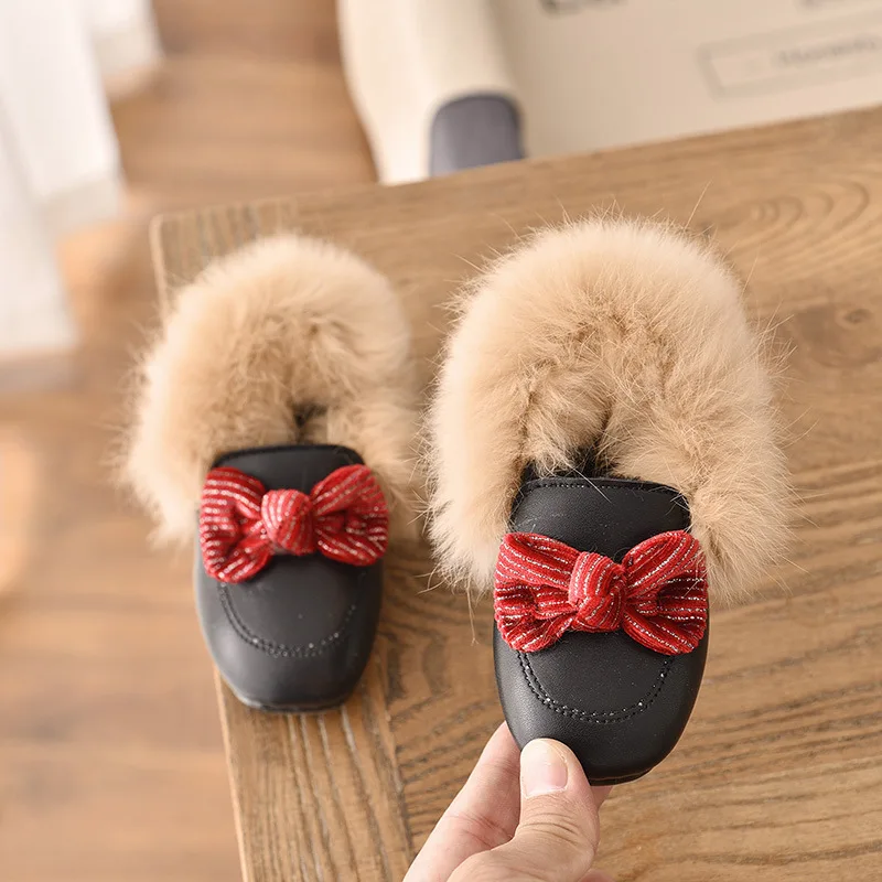 Детские меховые лоферы на металлической цепочке теплые хлопковые плюшевые