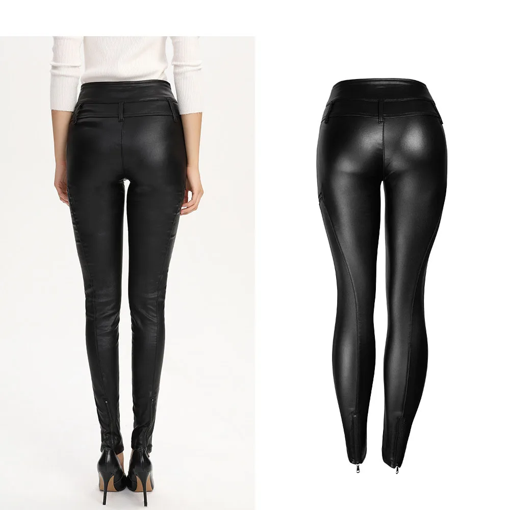Женские узкие джинсы из искусственной кожи черные облегающие на молнии с