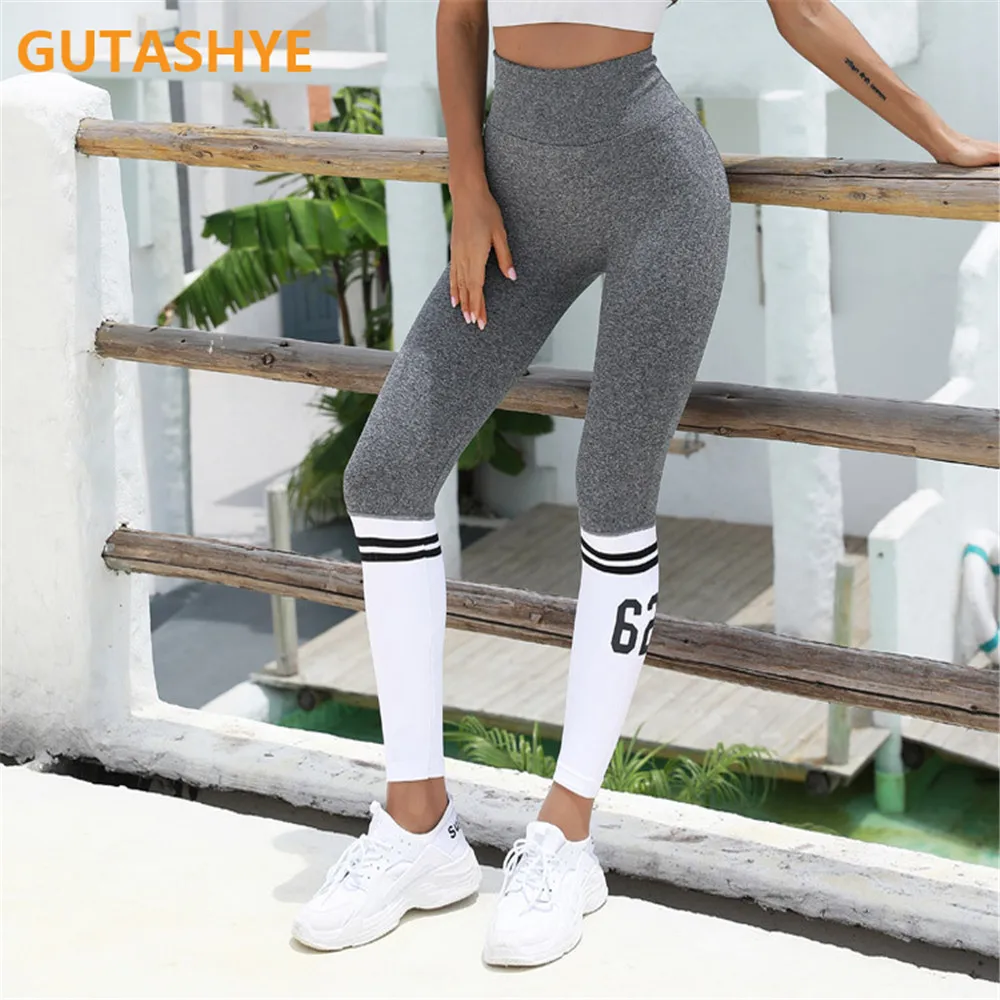 Ladies Yoga Pants Striped Letters Seamless Legs Tie Peach Hip Yoga Pants Sports High Waist Full Length Fitness Leggings Fitness