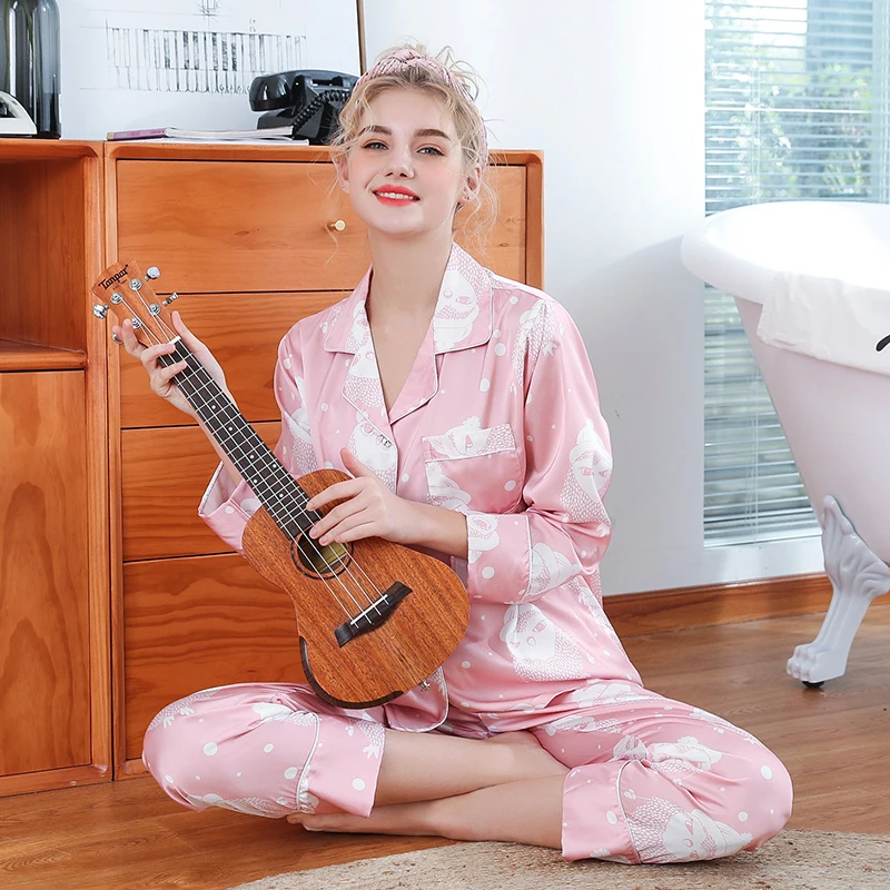 

New Stylish Elegant Style Ladies Pajamas Spring and Summer Imitation Silk Pajamas Women's Long-sleeved Pants Two-piece Sleepwear