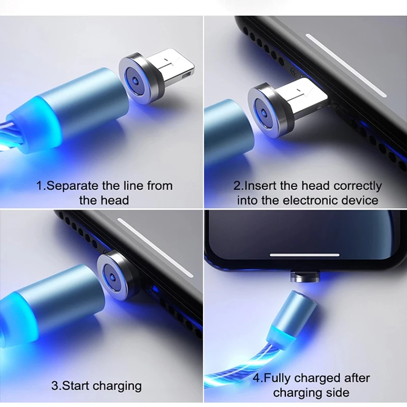 magnetic flowing light led cable micro usb type c fast charging usb c magnet data cord for iphone android mobile phone charger free global shipping