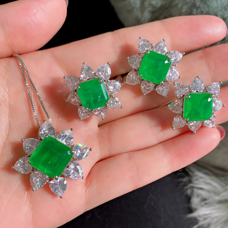 

Romantic Trendy Green Shiny Necklace Earring Ring Jewelry Set Women Wedding Green Cubic Zirconia Jewelry 2020