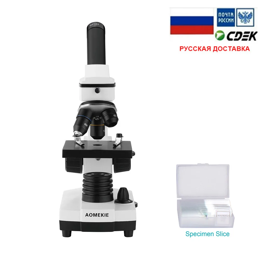 

AOMEKIE 64X-640X Professional Biological Microscope Up/Down LED Monocular Microscope for Students Kids Education with Slides