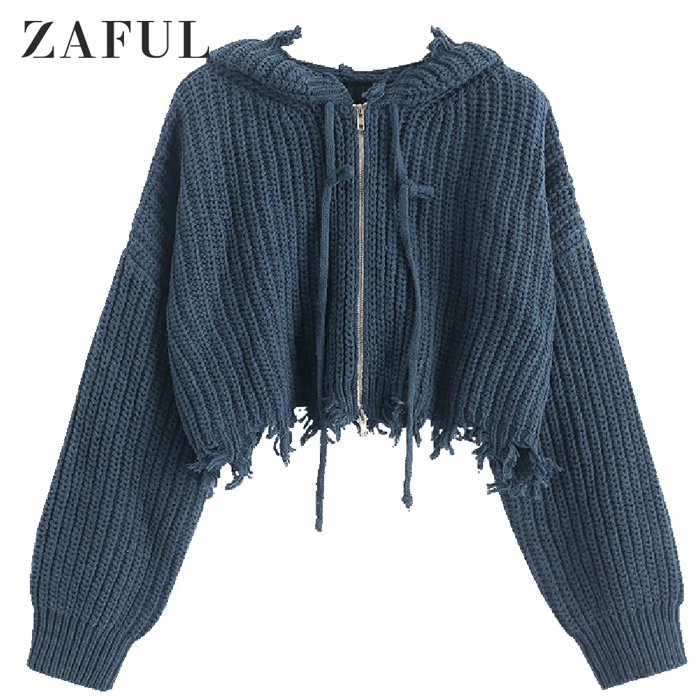 ZAFUL Hooded Zip Up Distressed Cropped Cardigan Elastic Ripped Solid Loose Short Drop Shoulder Sweater Autumn |