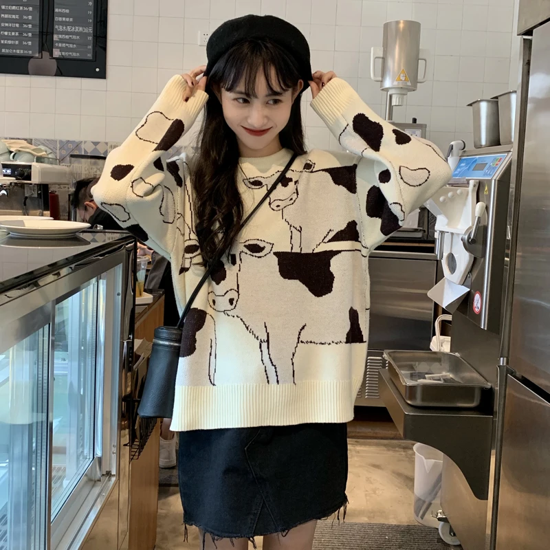 Merry Pretty Vintage Casual Lazy Cow Sweater Female Korean Harajuku Sweaters Japanese Kawaii Cute Ulzzang Jumpers Drop Ship | Женская