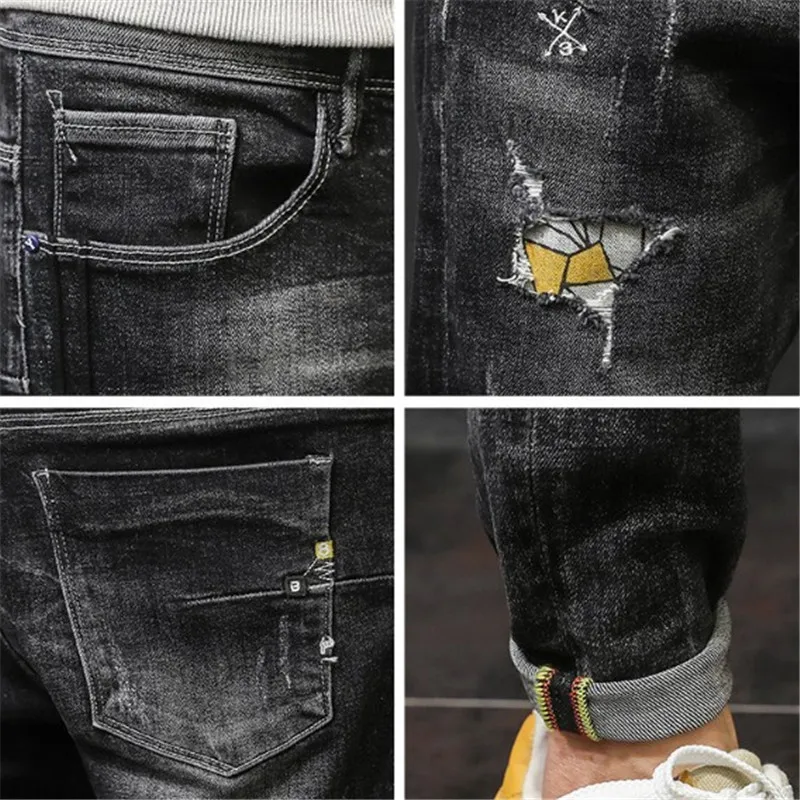 

Jeans Men Trend Hole Elastic Cotton Stretch Jean Pant Male Fashion Mid Waist Zipper Button Light Washed Denim Trousers RM50077