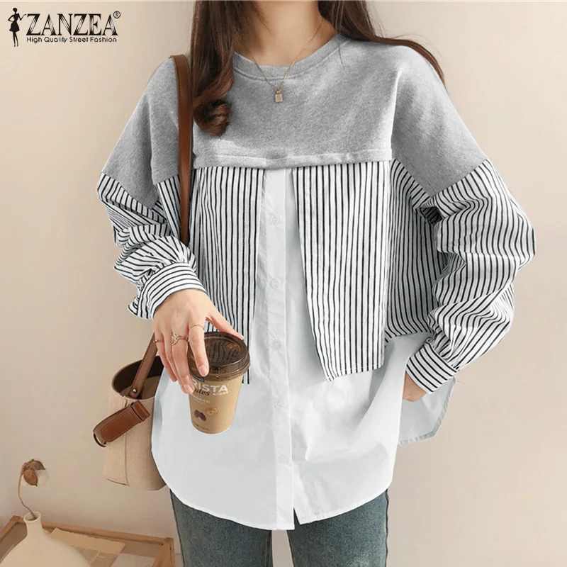 

Women Casual Long Sleeve O Neck Shirt Autumn Patchwork Blouse ZANZEA Vintage Baggy Striped Chemise Holiday Printed Female Tops