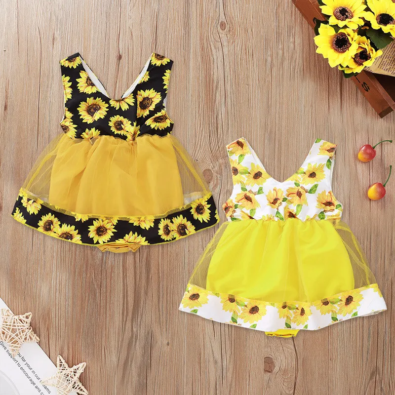 

New Arriavl Newborn Baby Girls Sunflower Ruffles Romper Dress Baby Girl Backless Princess Party Dresses Cotton Newborn Costumes