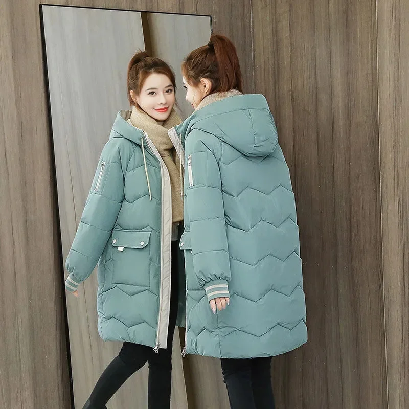 Women Winter Down Cotton jacket Color contrast Long Hooded Keep Warm Outwear Parka Thick Basic Coat Down Cotton Padded Jacket