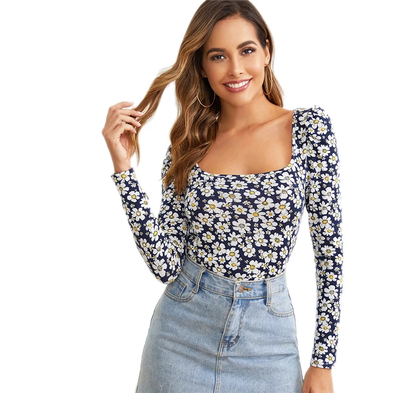 SHEIN, квадратная горловина, Маргаритка, цветочный принт, облегающая футболка, женские топы, осенняя элегантная Офисная Женская футболка с длинными рукавами