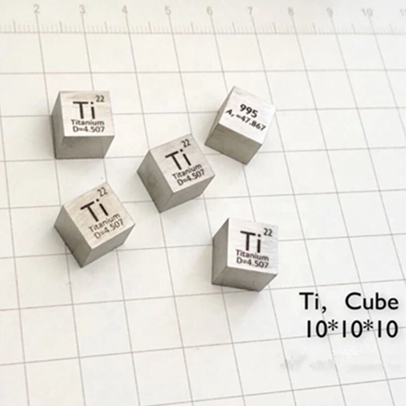 Free shipping 5pcs 995 purity metal titanium cube mini 10mm blue square carved element periodic table cube Ti block