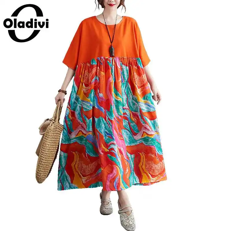 

Oladivi Oversize Oversize Women Fashion Print Summer Long Dress Lady Summer Casual Leisure Dresses Tunic Vestidio 8XL 7XL 6XL