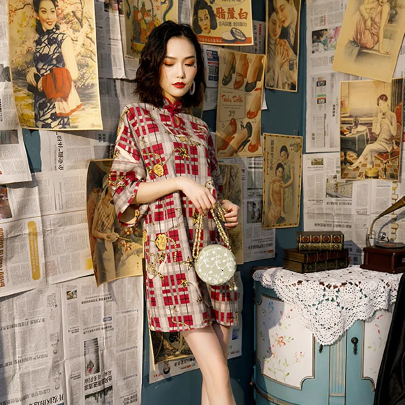 Sheng Coco свободный современный Чонсам красная решетка Ретро Короткие Qipao оленьей