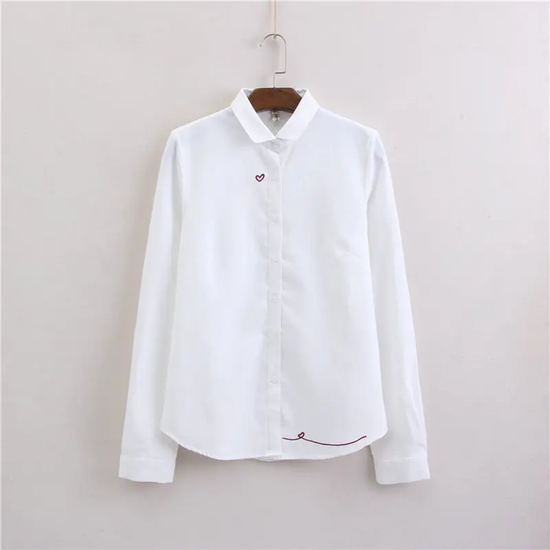 

Women White Blue Cotton Shirt Spring Autumn Classical Embroidery Turn Down Collar Long Sleeve Top Female Daily Casual Clothes