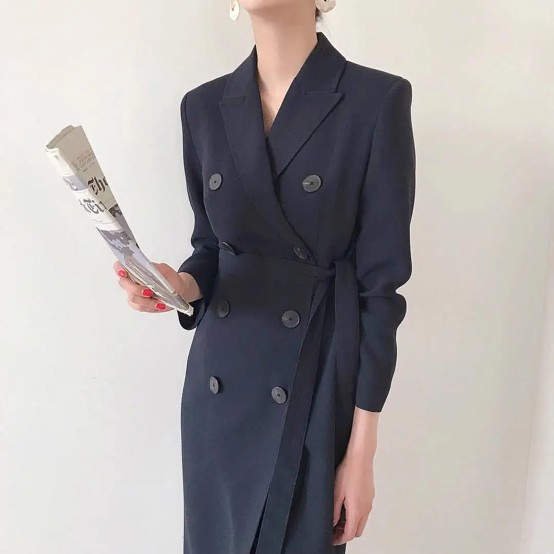 

2021 Spring Clothing Korean Style Ins Elegant Lapel Lace-up Waist-Controlled Slimming Mid-Length Suit Coat Dress Women