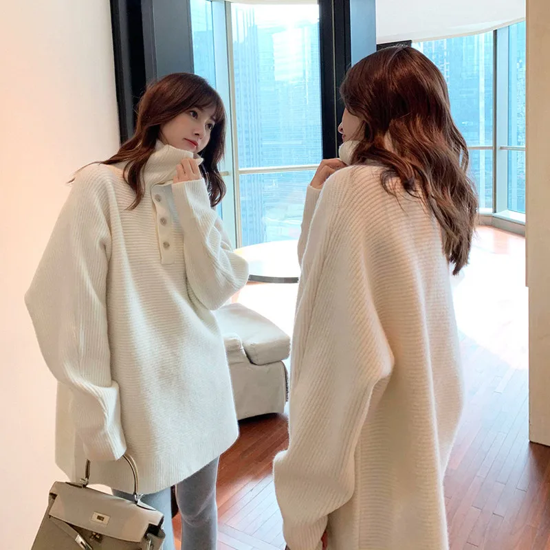 

Cashmere Sweater Ladies New Warm Mock Neck Sweater Slim White Knitted Pullover Pure Cashmere Ladies Long-sleeved Sweater