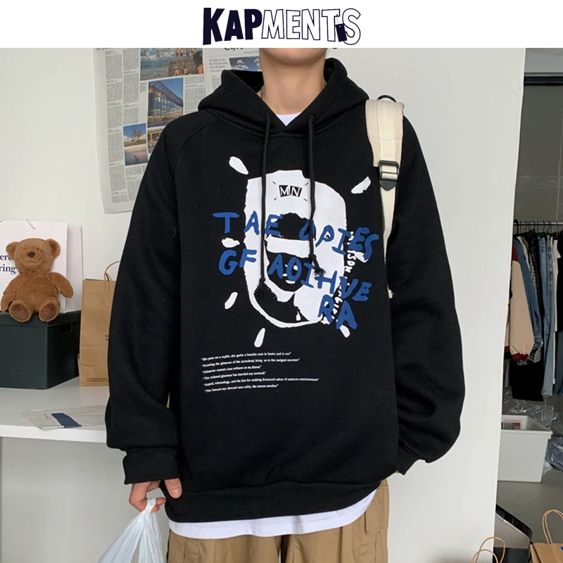 

KAPMENTS Men Letter Hip Hop Hooded Hoodies 2022 Mens Streetwear Loose Casual Sweatshirts Male Japan Style Black Pullover Hoodie