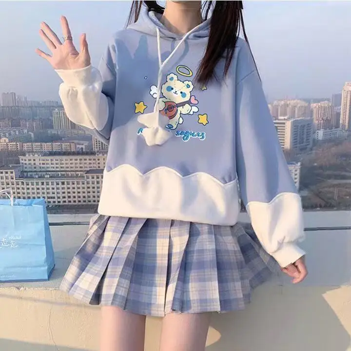 Осень-весна 2022 свитер с морским котом теплая толстовка + клетчатая юбка jk для
