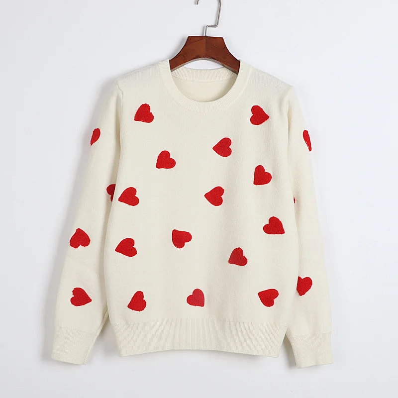 

Women Embroidery Heart Sweater Kawaii Long Sleeve Fashion Women Pullover Autumn Loose Jumper O-Neck Knitwear Female Sweater
