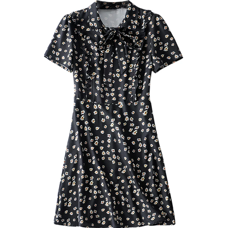 

19 Summer New Little Daisy Floral Dress Little Fairy Tie Short Sleeve Dress Chic Elegant Vintage Skirt