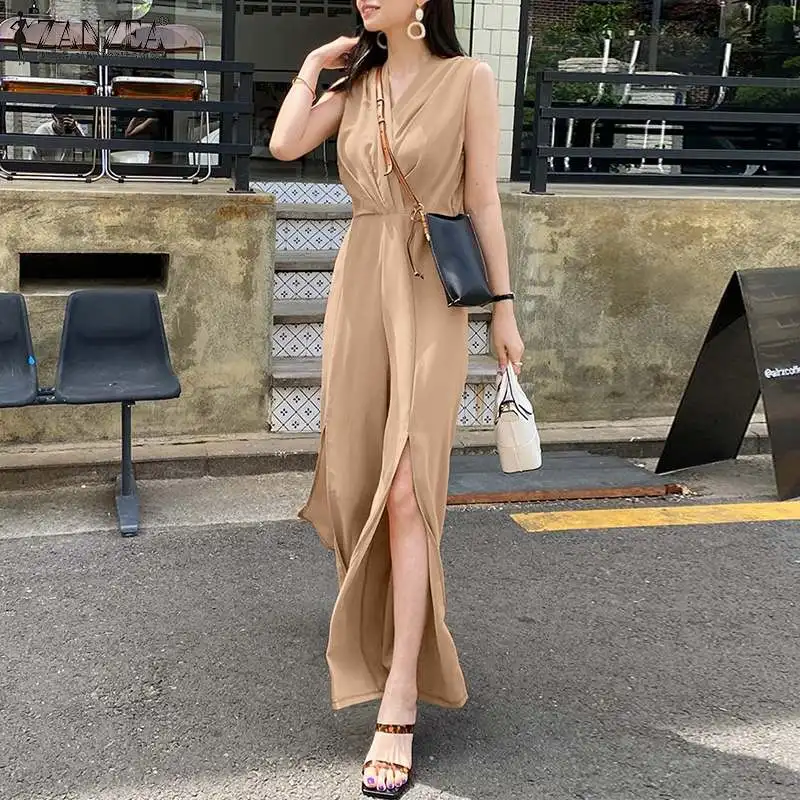 

Stylish Women's Summer Playsuits ZANZEA High Split Jumpsuits Casual Sleeveless OL Style Rompers Female Solid Oversize Pantalon